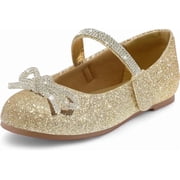 Gold Girl's Bow Mary Jane Dress Shoes Ballet Princess Flats with Rhinestone Strap 12M