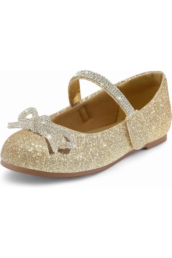 Gold Girl's Bow Mary Jane Dress Shoes Ballet Princess Flats with Rhinestone Strap 12M