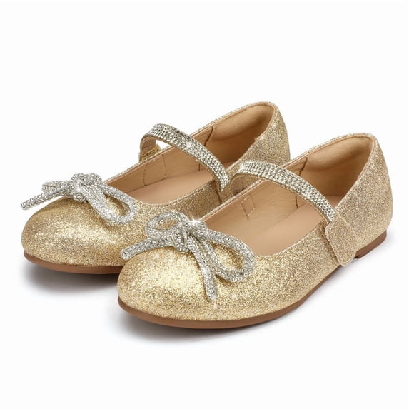Kushyshoo Gold Girl's Bow Mary Jane Dress Shoes Ballet Princess Flats with Rhinestone Strap 1M
