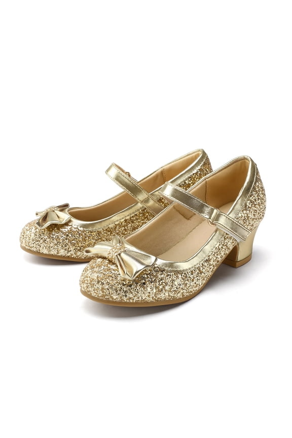 Gold Girls Dress Shoes Mary Jane 1.5in Low Heel Pumps Wedding Party Princess 11M
