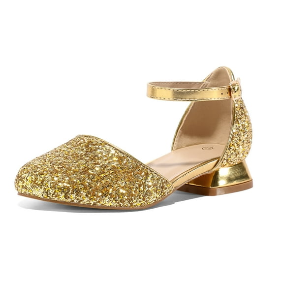 Kushyshoo Gold Girls Dress Shoes Mary Jane 1 inch Low Heel Pumps Wedding Party Princess Kids Shoes 13M