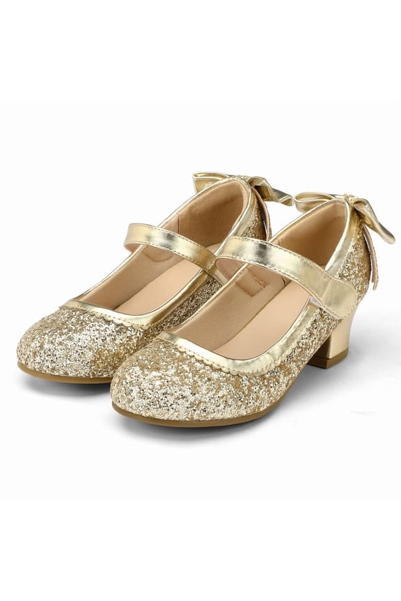 Gold Girls Dress Shoes Mary Jane Pumps with Bow 1.5in Low Heel Wedding Party Princess 11M