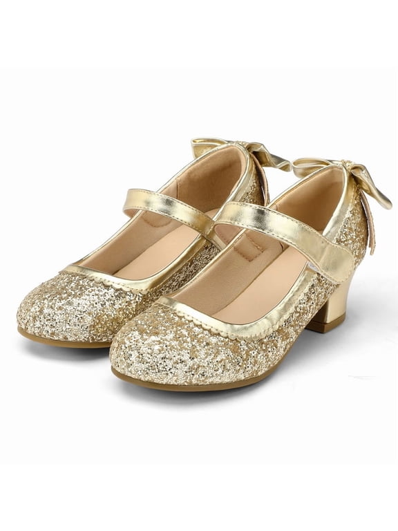 Gold Girls Dress Shoes Mary Jane Pumps with Bow 1.5in Low Heel Wedding Party Princess 11M
