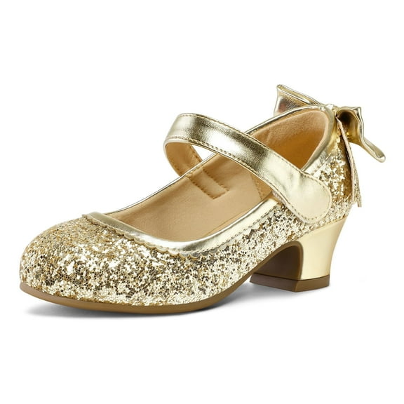 Kushyshoo Gold Girls Dress Shoes Mary Jane Pumps with Bow 1.5in Low Heel Wedding Party Princess 8M