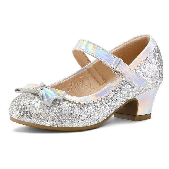 Kushyshoo Iridescent Silver Girls Dress Shoes Mary Jane 1.5in Low Heel Wedding Party Princess 10M