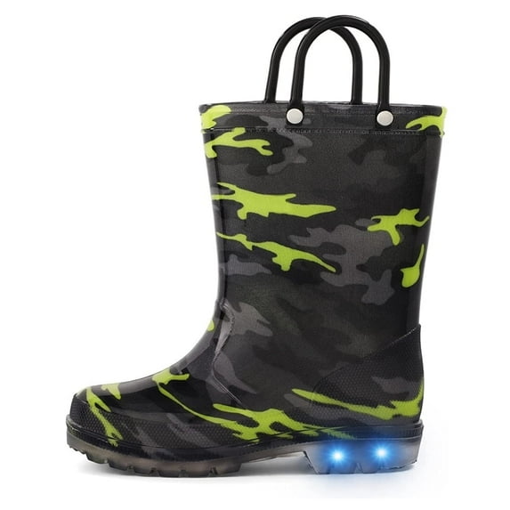 Kushyshoo Kids Light up Rain Boot Black Camouflage Toddler Boys Shoes Size 8