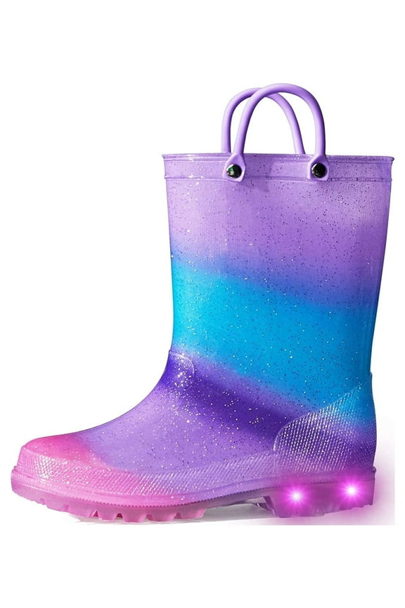 Kids Light up Rain Boot Blue Purple Glitter Toddler Girls Shoes Size 6