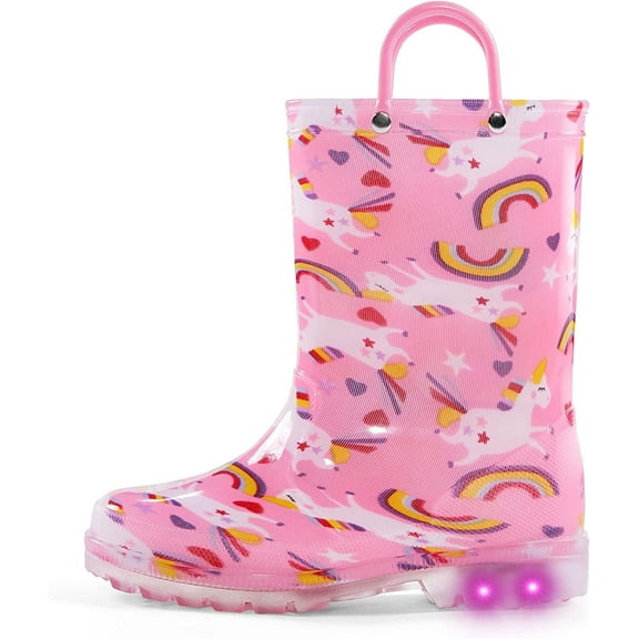 Kushyshoo Kids Pink Rainbow Unicorn Rain Boots Waterproof Light up Girls Boots with Handles 5M