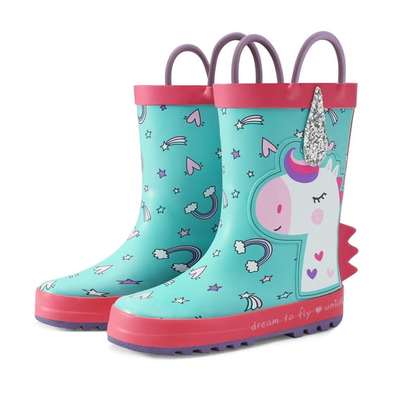 Kushyshoo Kids Rain Boots Blue Unicon Waterproof Printed Rubber Boots with Handles Size 7 Toddler Rain Boots