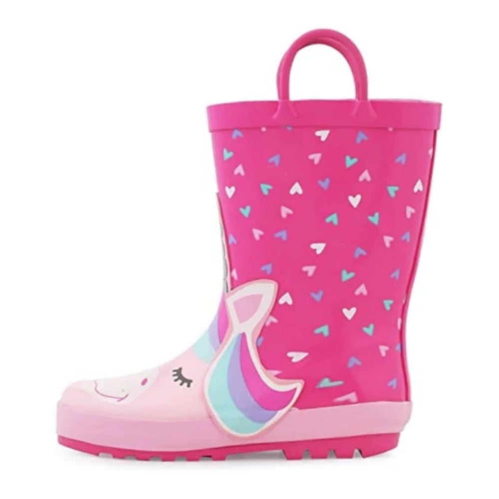 Little Girls Pink Unicorn Print Pull On Handle Rain Boots 5-10 Toddler main image 0