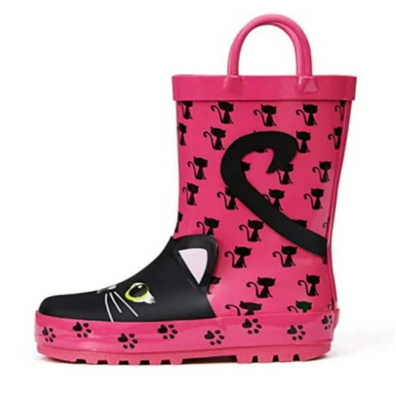 Kushyshoo Kids Rain Boots Pink Cat Print Girls Rubber Boots with Handles 11M