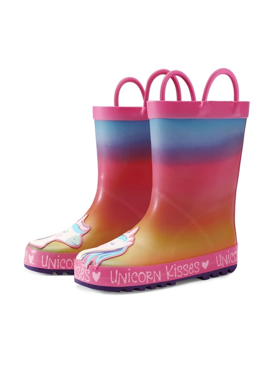 Kids Rain Boots Unicorn Kisses Waterproof Printed Rubber Boots with Handles Size 9 Toddler Rain Boots