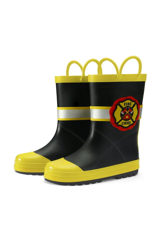 Kids Rain Boots Yellow Fire Chief Waterproof Printed Rubber Boots with Handles Size 2 Big Kids Rain Boots