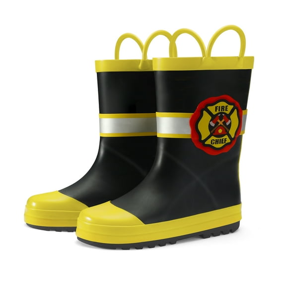 Kushyshoo Kids Rain Boots Yellow Fire Chief Waterproof Printed Rubber Boots with Handles Size 8 Toddler Rain Boots