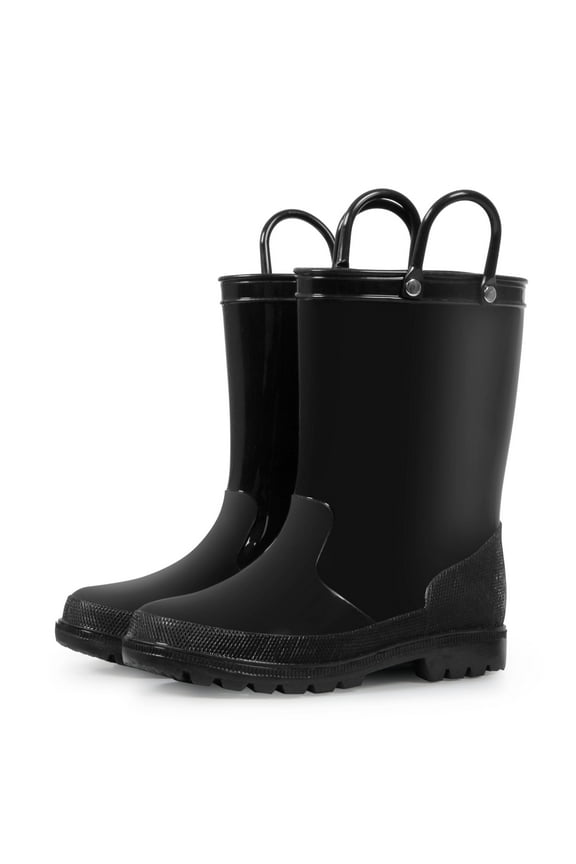 Kids Rain Boots for Girls Boys Waterproof Rain Shoes with Easy On Handless Black Solid Boots Size 2