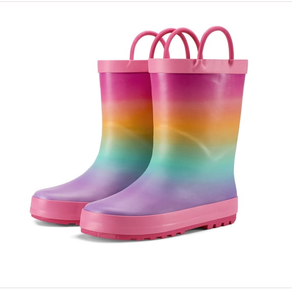 Kushyshoo Kids Rain Pink Rainbow Waterproof Printed Rubber Boots with Handles Size 7 Toddler Rain Boots