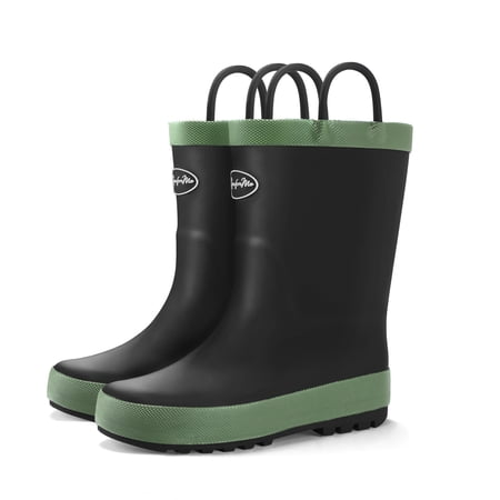 Kushyshoo Kids Rain Boots for Girls Waterproof Black Matte Rubber with Easy-On Handles Size 5