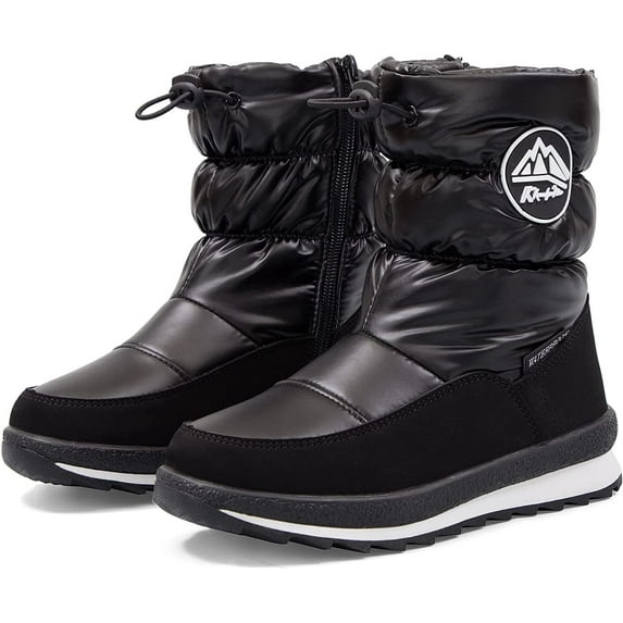 Kushyshoo Kids Snow Boots for Boys and Girls Bright Black Winter Outdoor Waterproof and Non-Slip Artificial Fur Snow Boots Size 4M