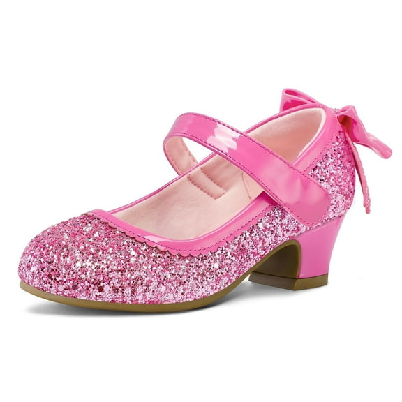 Kushyshoo Pink Girls Dress Shoes Mary Jane Pumps with Bow 1.5in Low Heel Wedding Party Princess 10M