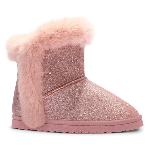 Kushyshoo Pink Girls Snow Boots Warm Faux Fur Lined Glitter Strap Winter Shoes Lightweight with Hook-and-loop Size 11M