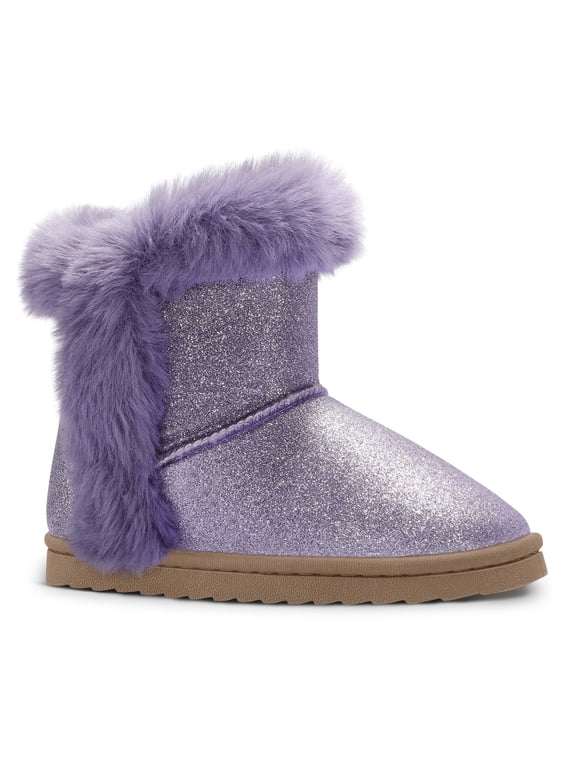 Purple Girls Snow Boots Warm Faux Fur Lined Glitter Strap Winter Shoes Lightweight with Hook-and-loop Size 11M