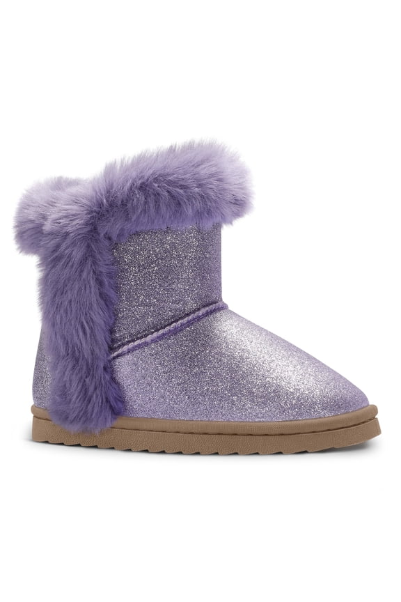 Purple Girls Snow Boots Warm Faux Fur Lined Glitter Strap Winter Shoes Lightweight with Hook-and-loop Size 11M