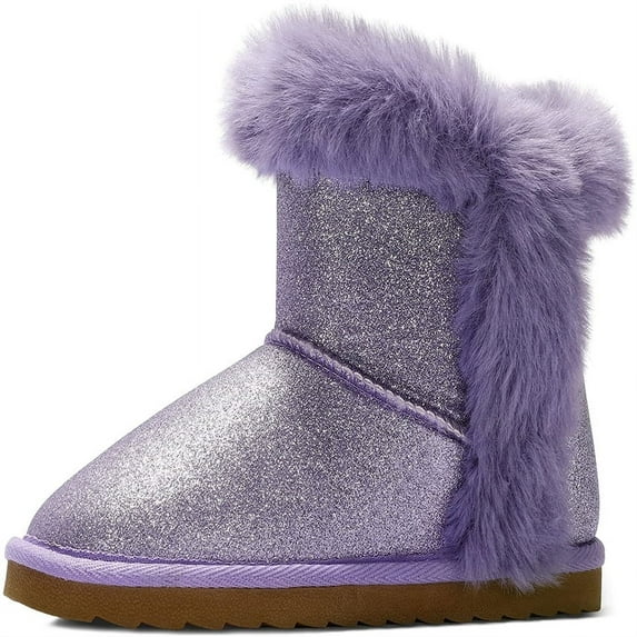 Kushyshoo Purple Girls Snow Boots Warm Faux Fur Lined Glitter Strap Winter Shoes Lightweight with Hook-and-loop Size 2M