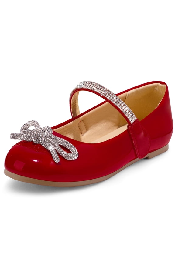 Red Girl's Bow Mary Jane Dress Shoes Ballet Princess Flats with Rhinestone Strap 10M