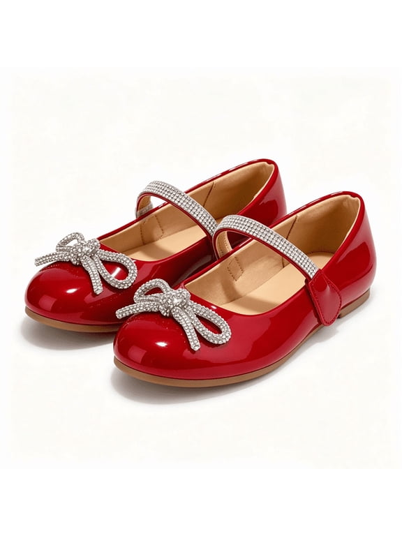 Red Girl's Bow Mary Jane Dress Shoes Ballet Princess Flats with Rhinestone Strap 13M