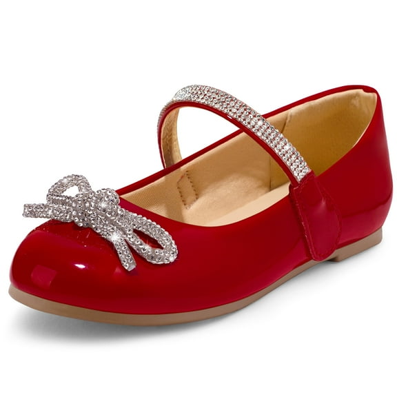 Kushyshoo Red Girl's Bow Mary Jane Dress Shoes Ballet Princess Flats with Rhinestone Strap 13M