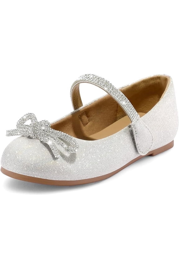 Silver Girl's Bow Mary Jane Dress Shoes Ballet Princess Flats with Rhinestone Strap 12M