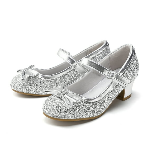 Kushyshoo Silver Girls Dress Shoes Mary Jane 1.5in Low Heel Pumps Wedding Party Princess 13M