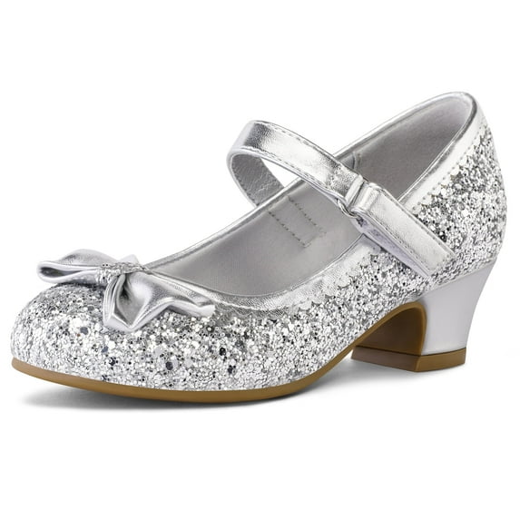 Kushyshoo Silver Girls Dress Shoes Mary Jane 1.5in Low Heel Wedding Party Princess 13M