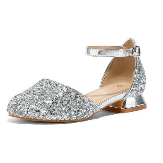 Kushyshoo Silver Girls Dress Shoes Mary Jane 1 inch Low Heel Pumps Wedding Party Princess Kids Shoes 12M