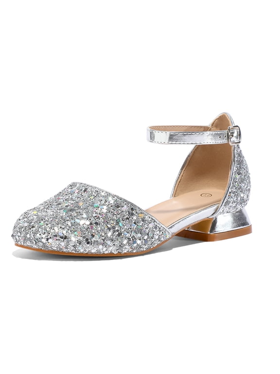 Silver Girls Dress Shoes Mary Jane 1 inch Low Heel Pumps Wedding Party Princess Kids Shoes 13M
