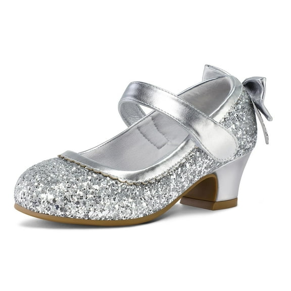 Kushyshoo Silver Girls Dress Shoes Mary Jane Pumps with Bow 1.5in Low Heel Wedding Party Princess 13M