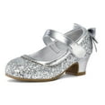 thumbnail image 1 of Kushyshoo Silver Girls Dress Shoes Mary Jane Pumps with Bow 1.5in Low Heel Wedding Party Princess 8M, 1 of 4