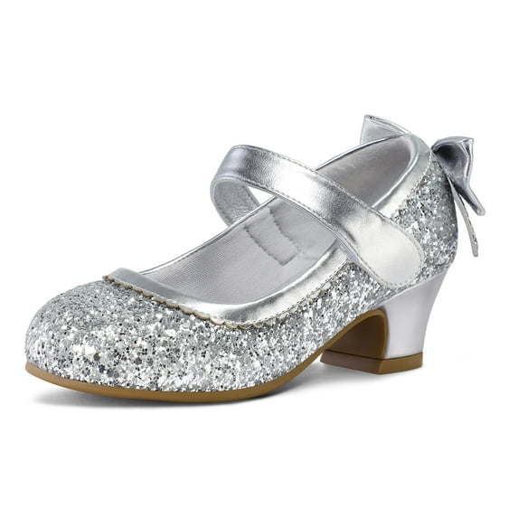 Kushyshoo Silver Girls Dress Shoes Mary Jane Pumps with Bow 1.5in Low Heel Wedding Party Princess 8M
