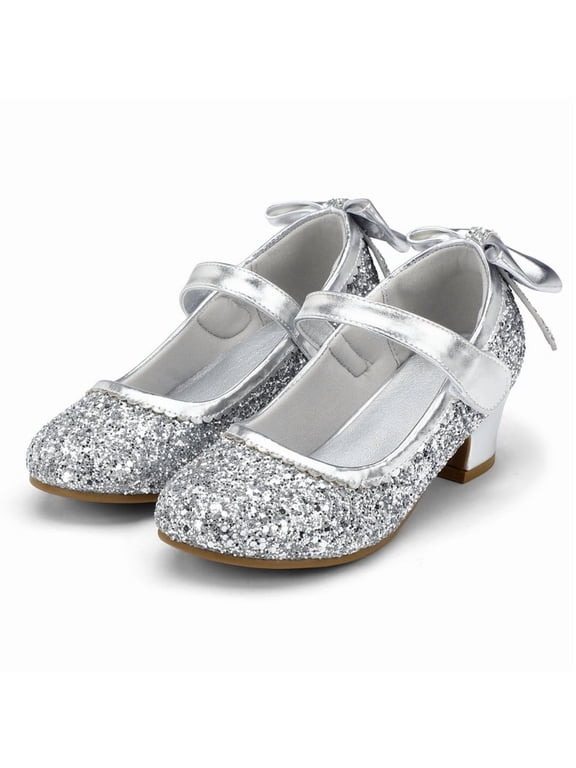 Silver Girls Dress Shoes Mary Jane Pumps with Bow 1.5in Low Heel Wedding Party Princess 9M