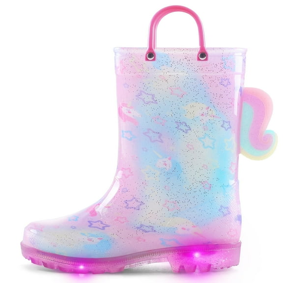 Kushyshoo Toddler Girls Light Up Rain Boots Boys Colorful 3D Unicorn Rain Boots for Kids with Handles 5M