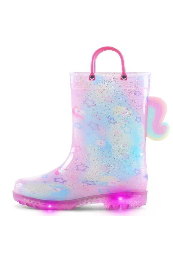 Toddler Girls Light Up Rain Boots Boys Colorful 3D Unicorn Rain Boots for Kids with Handles 5M