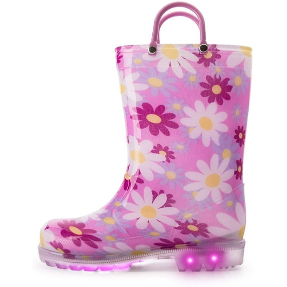Kushyshoo Toddler Girls Light Up Rain Boots Boys Colorful Pink Flowers Rain Boots for Kids with Handles 1M