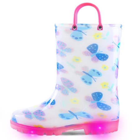 Kushyshoo Toddler Girls Light Up Rain Boots Butterfly Pattern for Kids with Handles Size 2