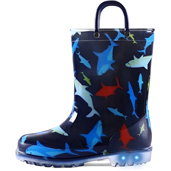 Kushyshoo Toddler Light Up Rain Boots Boys Navy Sharks Rain Boots for Kids with Handles 13M