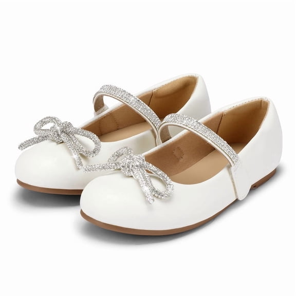 Kushyshoo White Girl's Bow Mary Jane Dress Shoes Ballet Princess Flats with Rhinestone Strap 13M