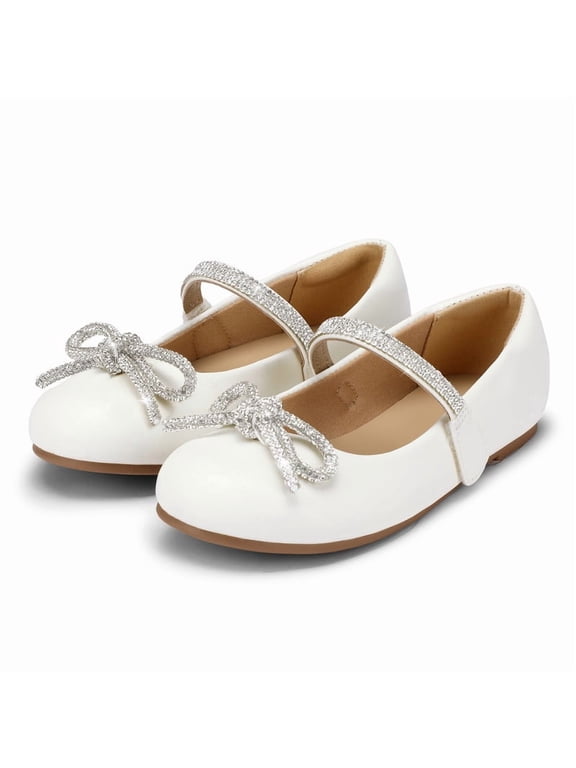 White Girl's Bow Mary Jane Dress Shoes Ballet Princess Flats with Rhinestone Strap 13M