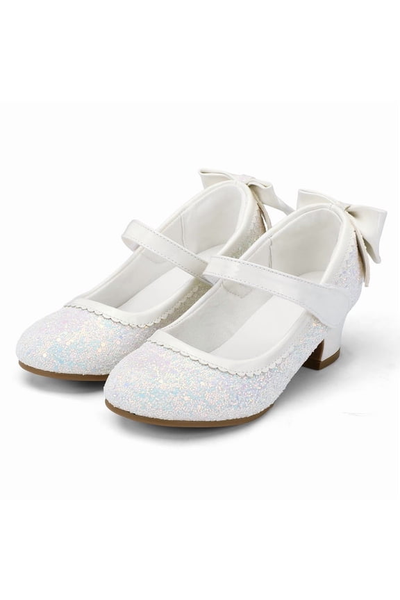 White Girls Dress Shoes Mary Jane Pumps with Bow 1.5in Low Heel Wedding Party Princess 10M