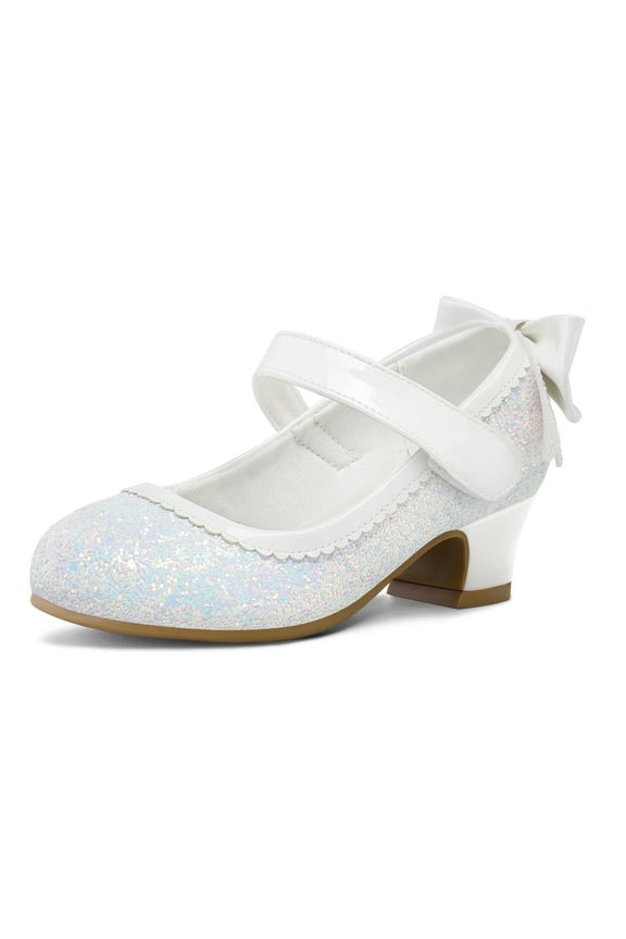White Girls Dress Shoes Mary Jane Pumps with Bow 1.5in Low Heel Wedding Party Princess 8M