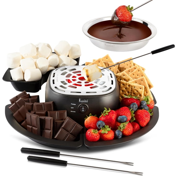 Kusini 2 in 1 Electric Fondue Set & Smores Tabletop Indoor Kit with Removable Trays & 4 Skewers - Smores Station Chocolate Melting Pot - Unique Couple Gift Set Idea, Date & Movie Night Supplies Y101