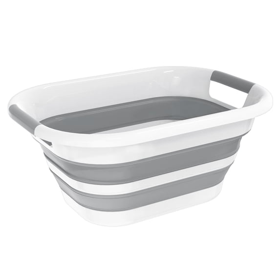 Kusmil 26L Collapsible Plastic Laundry Basket, Foldable Pop up Storage Container Space Saving Washing Tub Organizer (White/Grey)